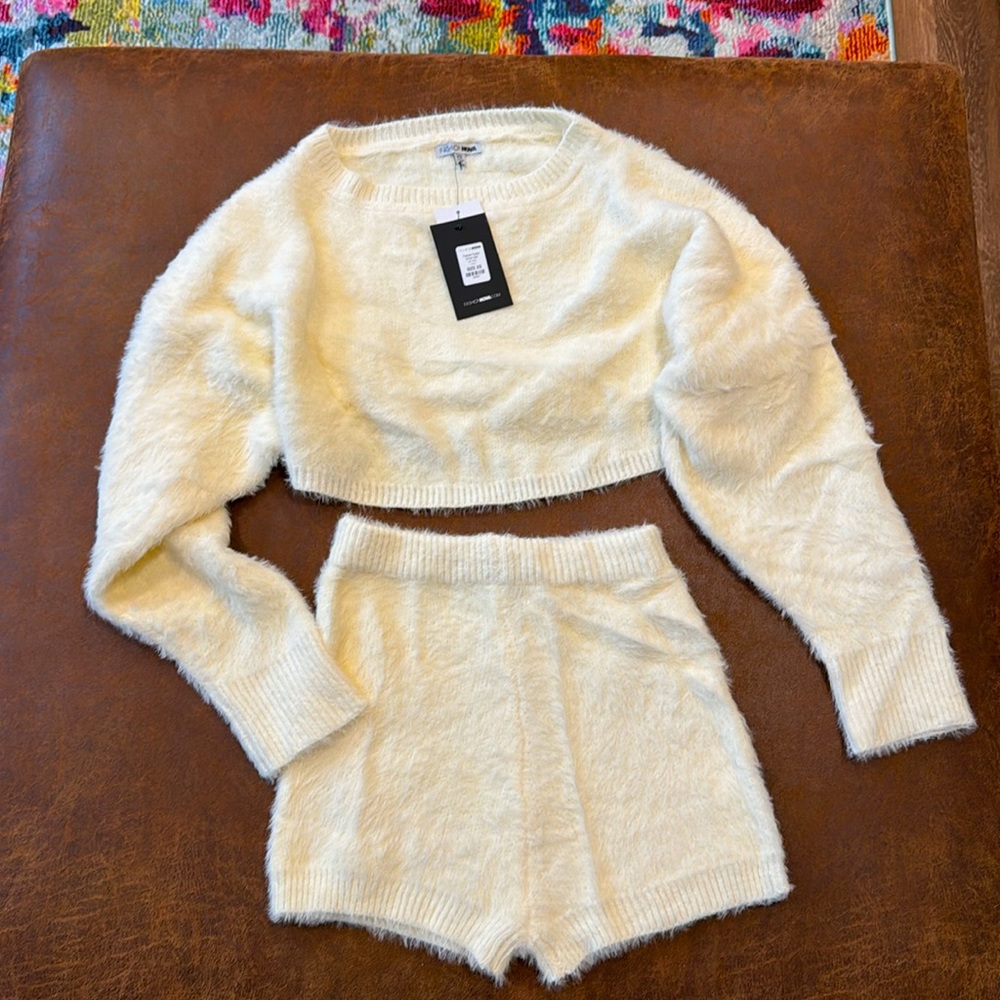 Brand new Fashion Nova cream color soft fuzzy shorts set